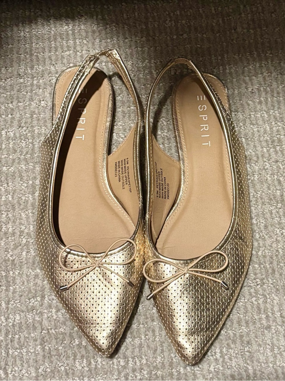 Esprit Metallic Gold Pointed Toe Slingback Flats with Bow